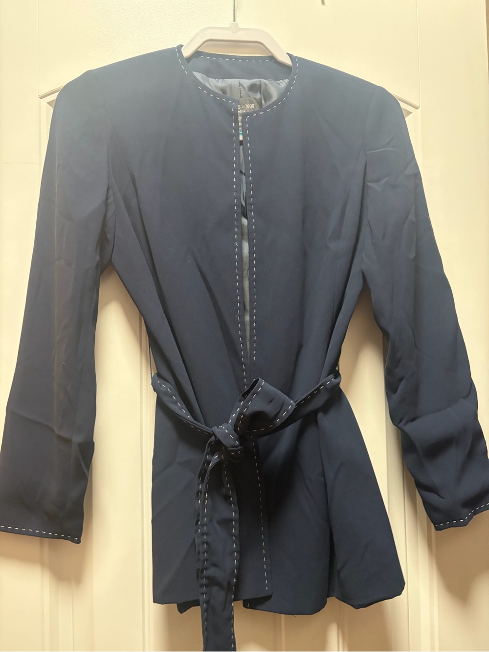 Navy Belted Jacket with Contrast Stitching